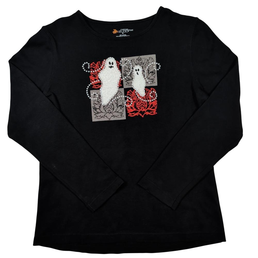 Mercer Street Studio Top Women Medium Black Halloween Ghost Sequin Whimsigoth